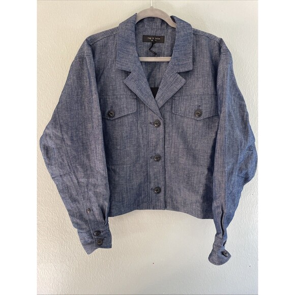 Rag & Bone Jessie Linen Blend Blue Chambray Shirt Jacket Button, Denim Look Sz L - Picture 2 of 7